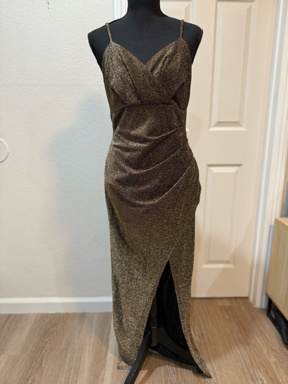 Sparkling Gold Maxi Evening Dress with Spaghetti Straps